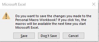 Microsoft Excel Personal Macro Workbook Save Prompt